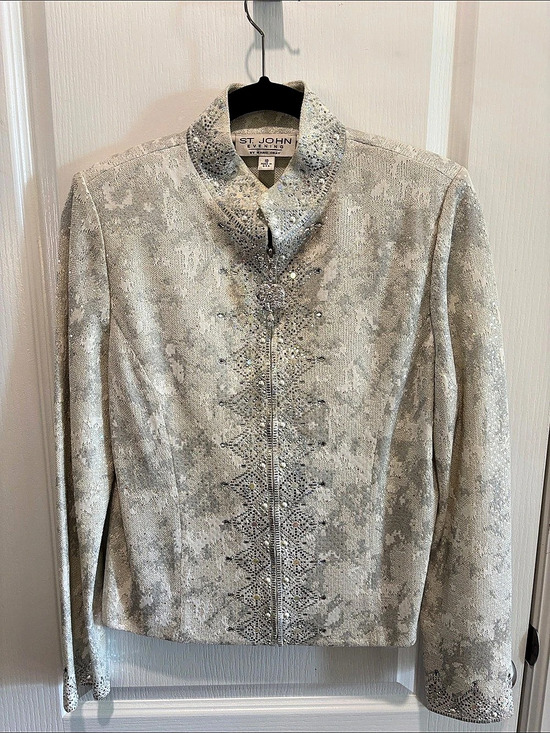 St. John Jackets & Blazers - St. John Embellished Zip Jacket in Silver Size 10 Like New